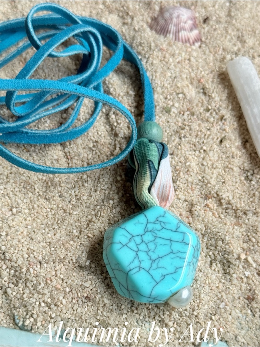 Exaggerated Turquoise acrylic Pendant Necklace with Teal Suede Cord - Picture 6 of 9